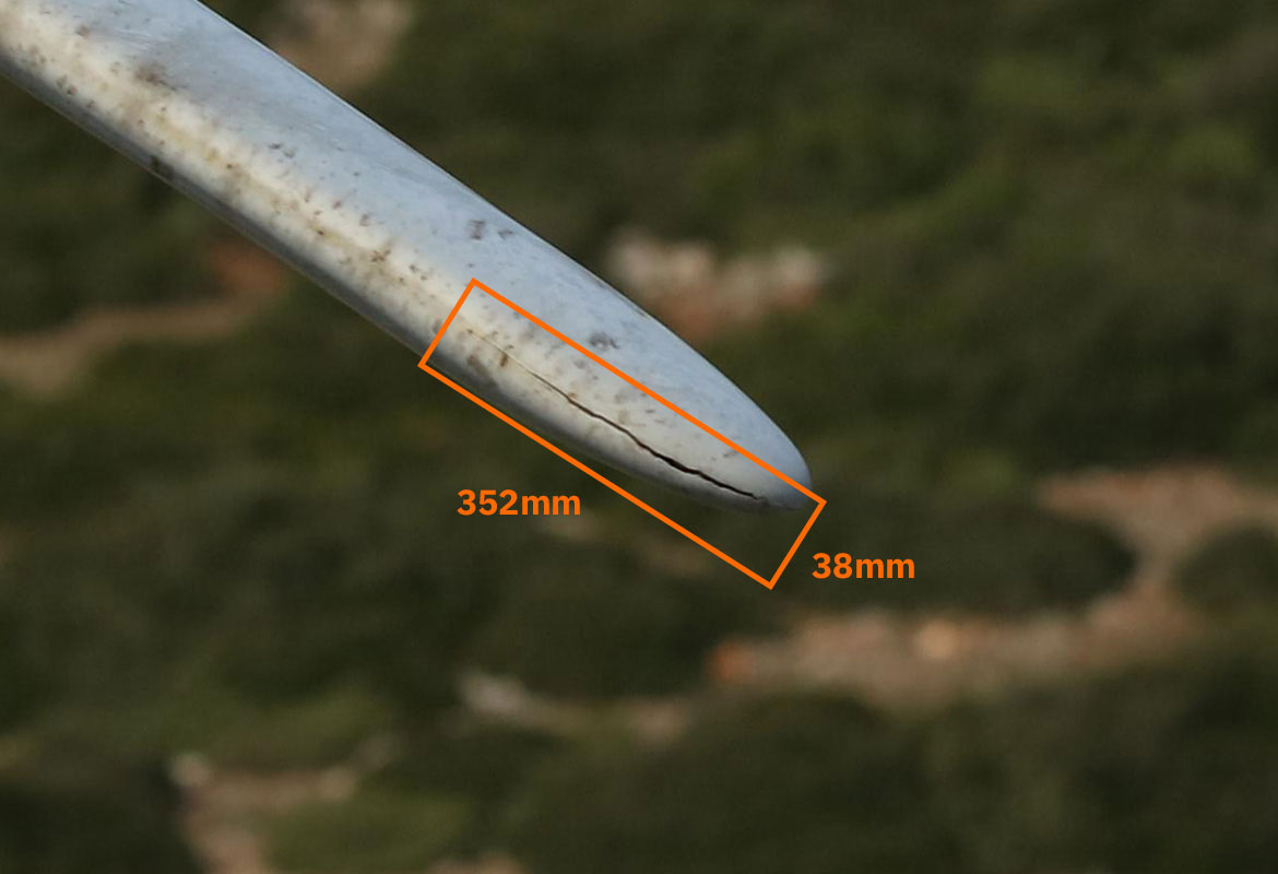Image of damage on turbine annotated