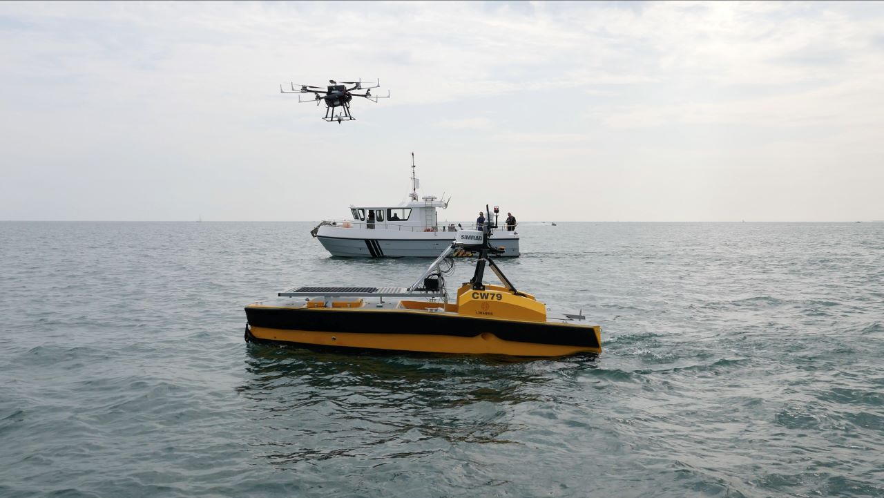 This is an image of Perceptual Robotics' drones taking off from an offshore vessel.