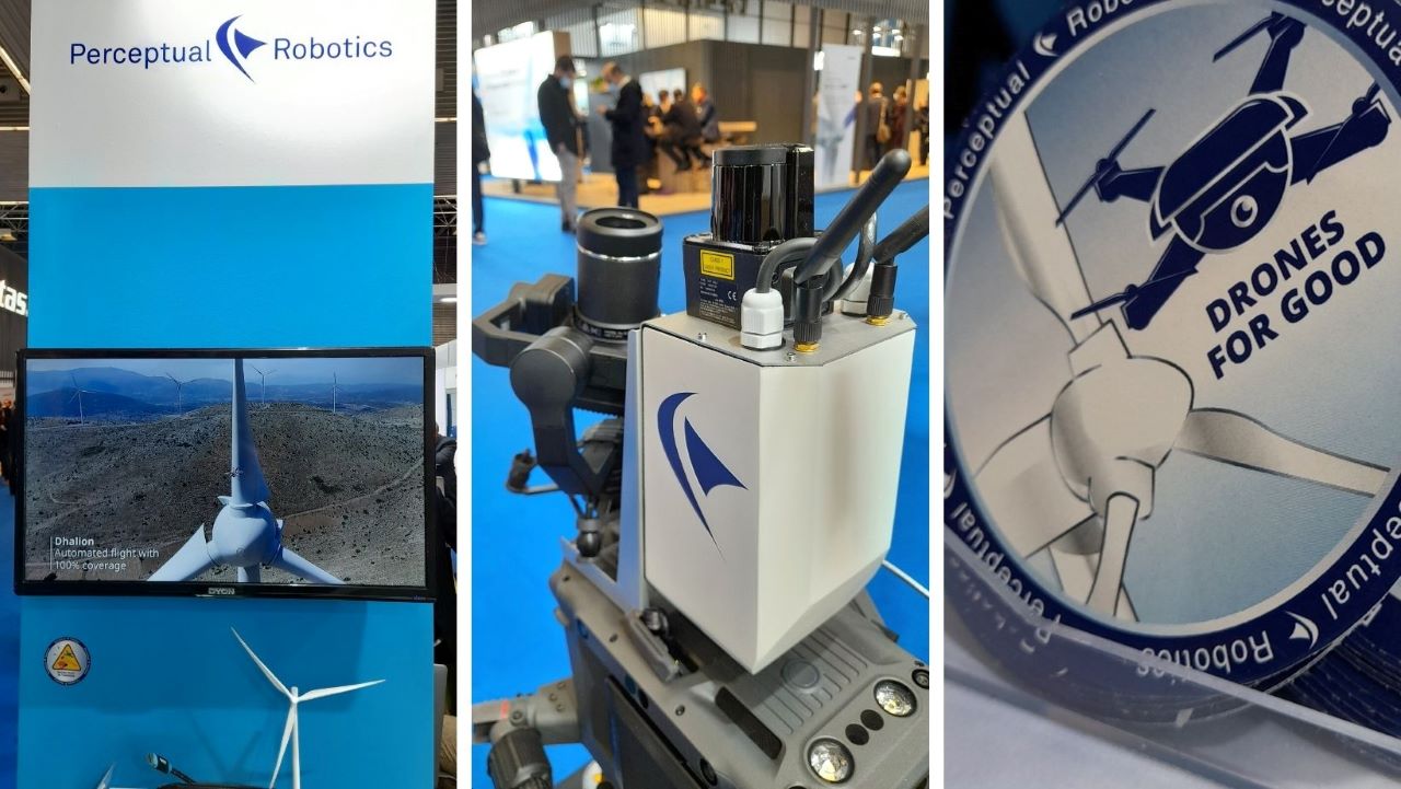 This is a collage of images from the first day at Wind Europe Bilbao. The first image is of Perceptual Robotics' display banner and video. The second image is of Perceptual Robotics' new image product DOT and the third is Perceptual Robotics branded stickers.