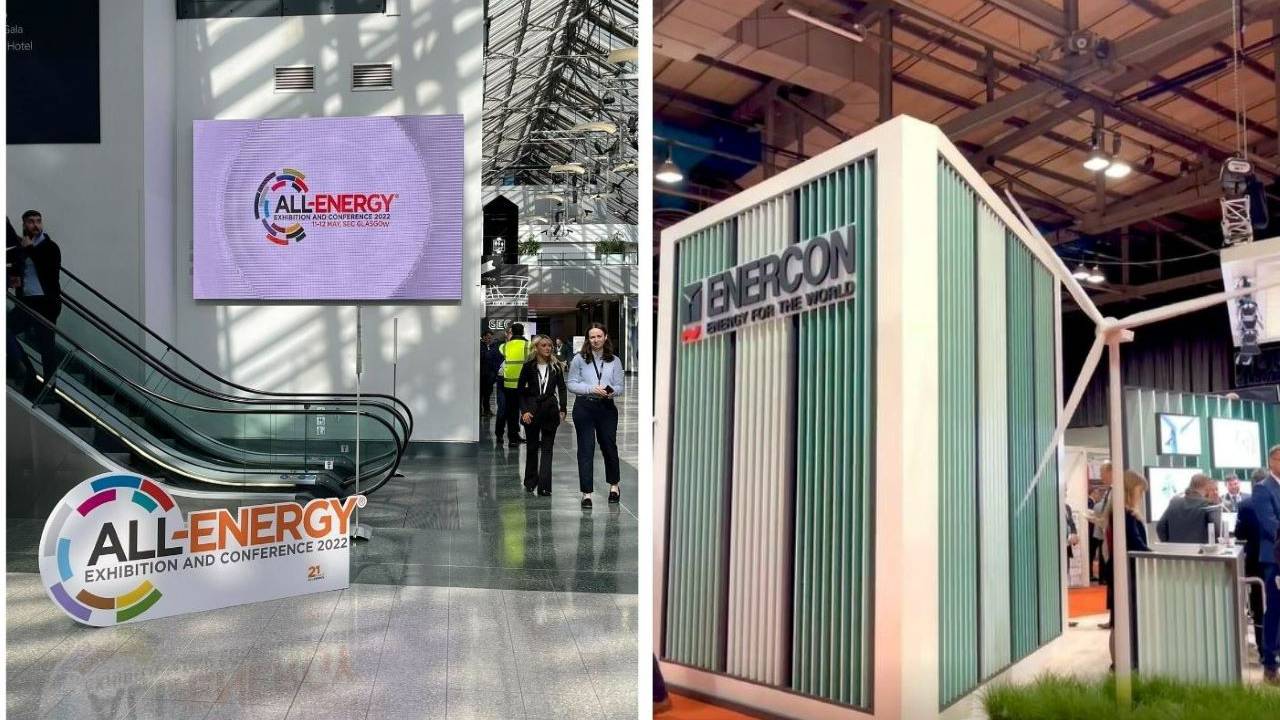 These are two images taken at All Energy 2022 of a Enercon stand and the event's entrance.