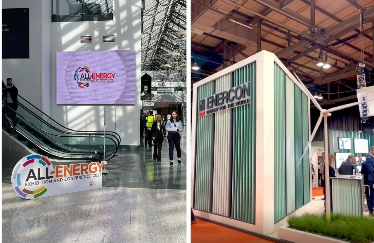 These are two images taken at All Energy 2022 of a Enercon stand and the event's entrance.