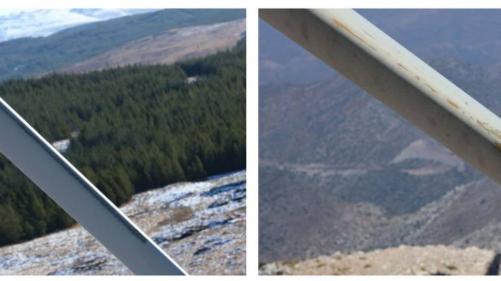 These are two images of a wind turbine blade showing the damages on them.