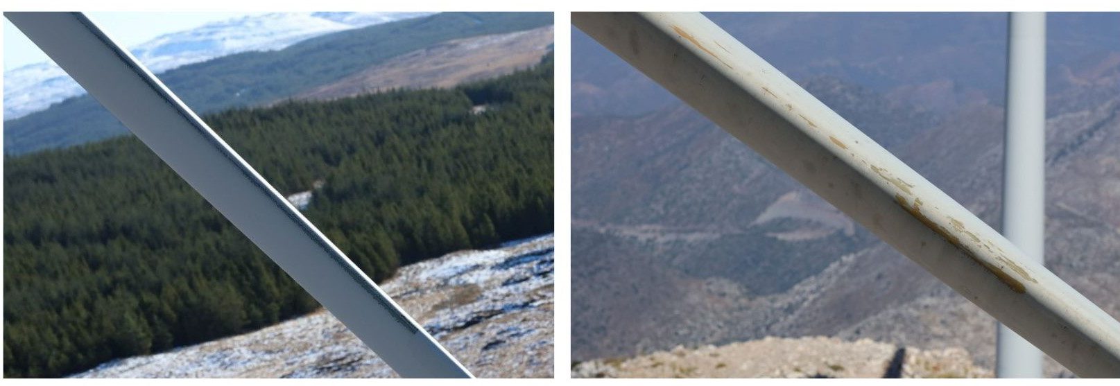 These are two images of a wind turbine blade showing the damages on them.