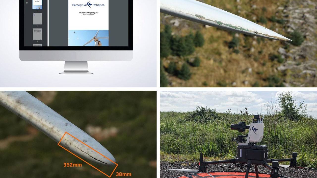 This image is split into four separate images. Two images show damage on a wind turbine blade, one image shows Perceptual Robotic's drone and the last shows an example report by Perceptual Robotics