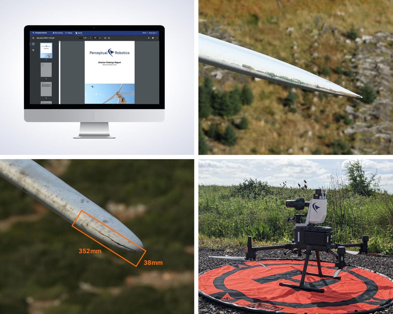 This image is split into four separate images. Two images show damage on a wind turbine blade, one image shows Perceptual Robotic's drone and the last shows an example report by Perceptual Robotics 