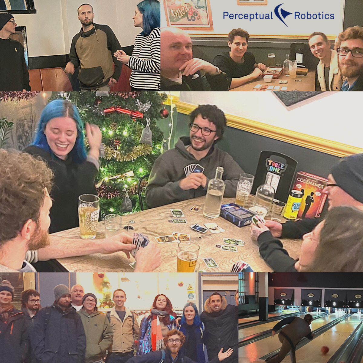 This is a collection of images including images of the team playing board games and bowling.