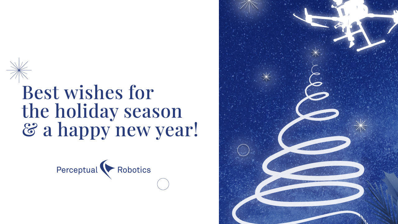 This is a holiday card with an image of a Christmas tree and a drone.