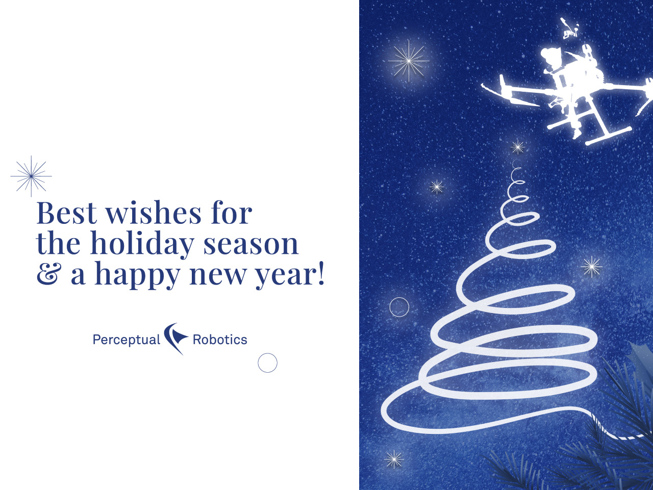 This is a holiday card with an image of a Christmas tree and a drone.