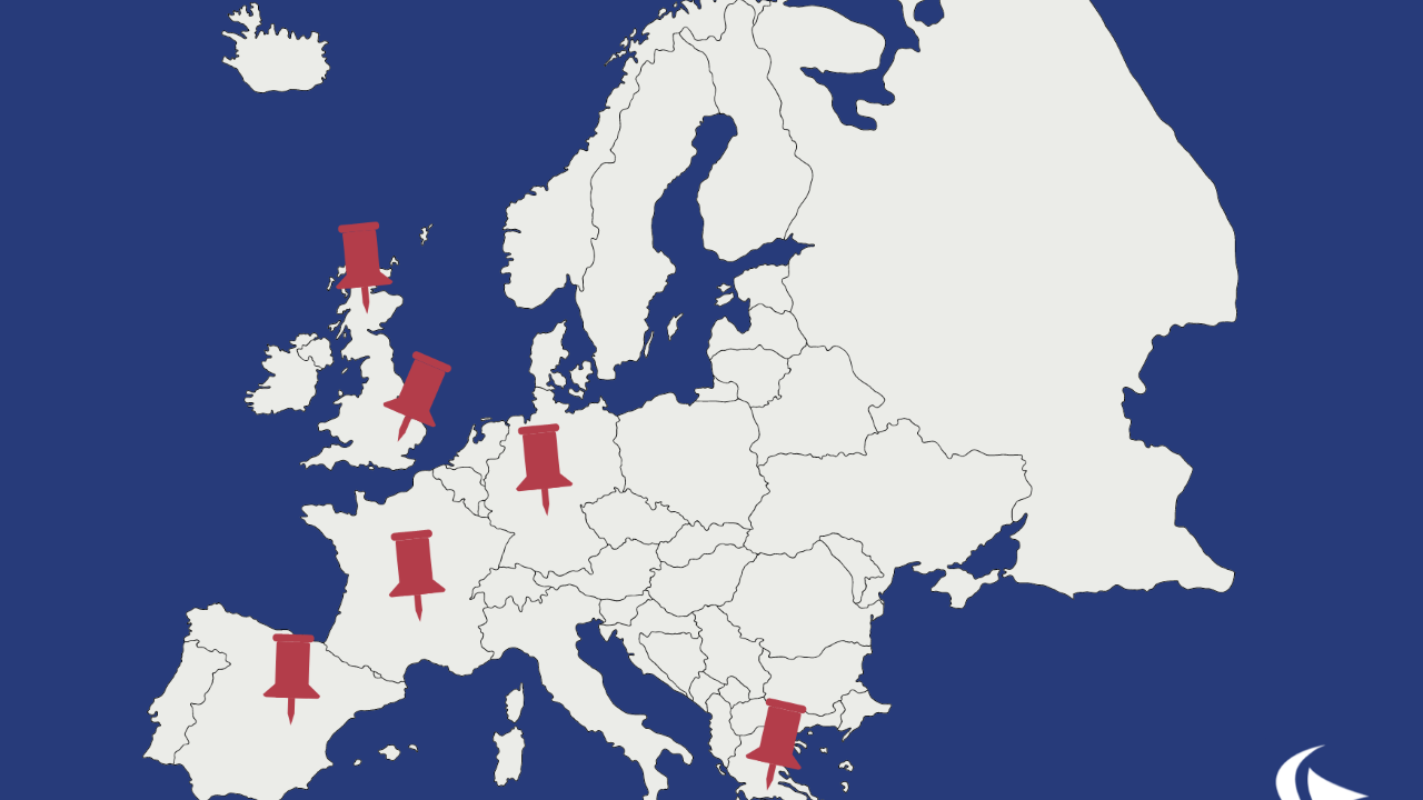 This is an graphic of the map of Europe. There are red pins in England, Scotland, Spain, France, Greece and Germany to highlight where Perceptual Robotics has been.