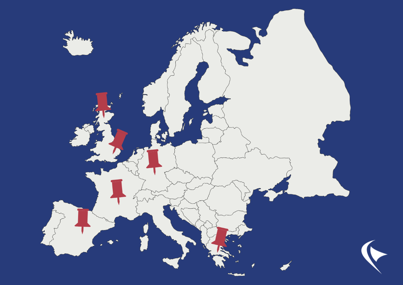 This is an graphic of the map of Europe. There are red pins in England, Scotland, Spain, France, Greece and Germany to highlight where Perceptual Robotics has been.