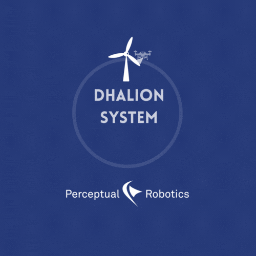 This is an animated graphic showing wind turbines and the Perceptual Robotics' logo.