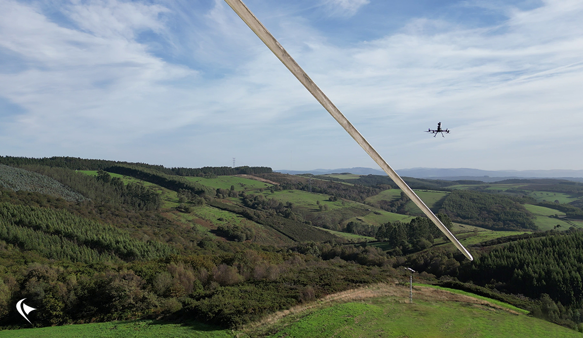 This is an image of our drone inspecting a wind turbine blade.