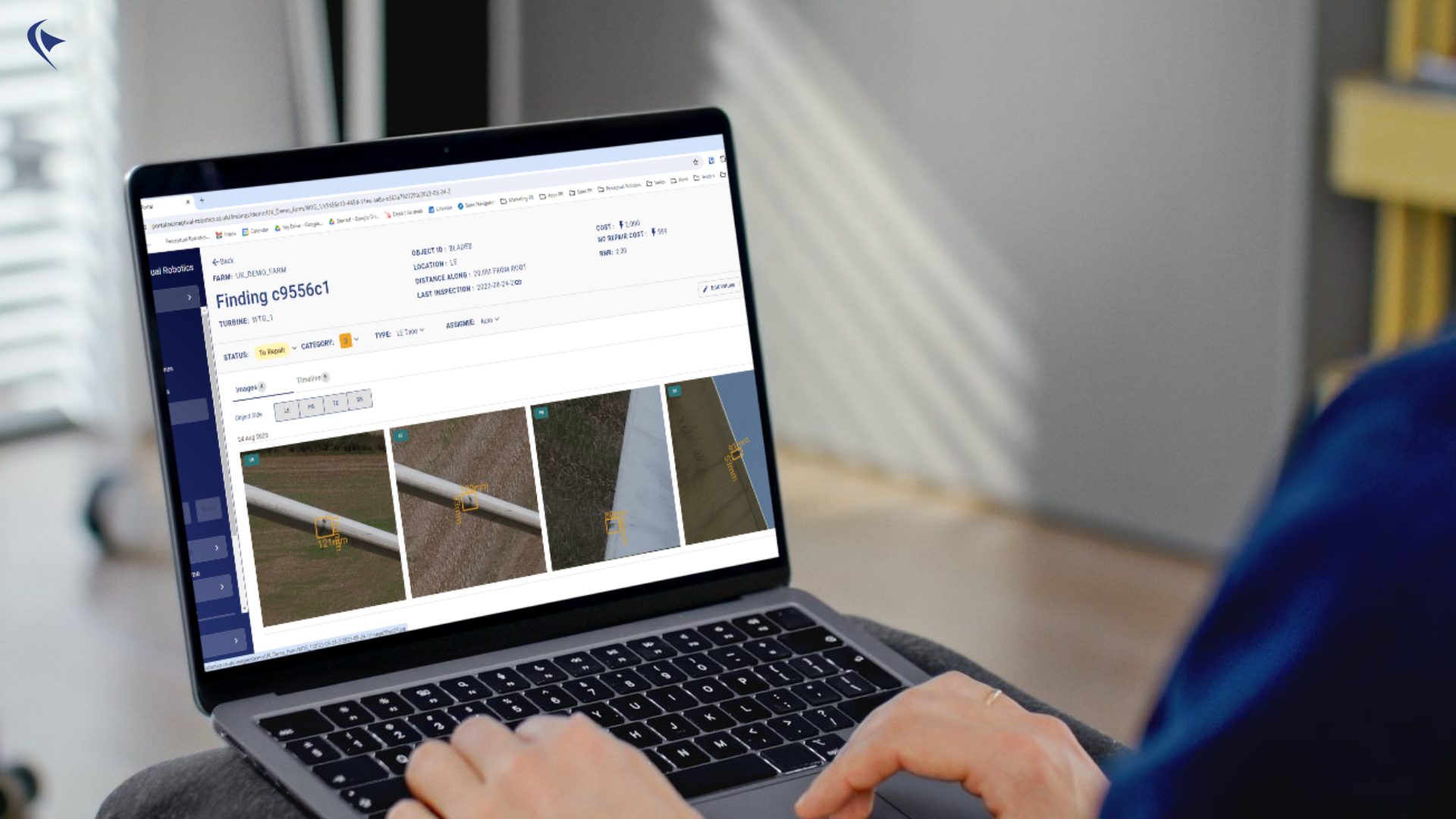 A Blade Expert reviewing blade damages from wind turbine inspections annotated by AI-driven Dhalion system.