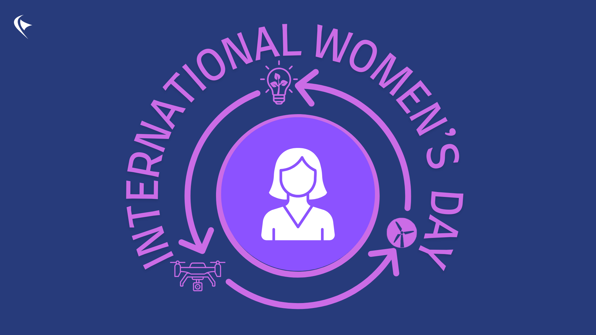 Graphic composition to celebrate International Women's Day showing a drone, a wind turbine and a light bulbulb around a woman in the middle