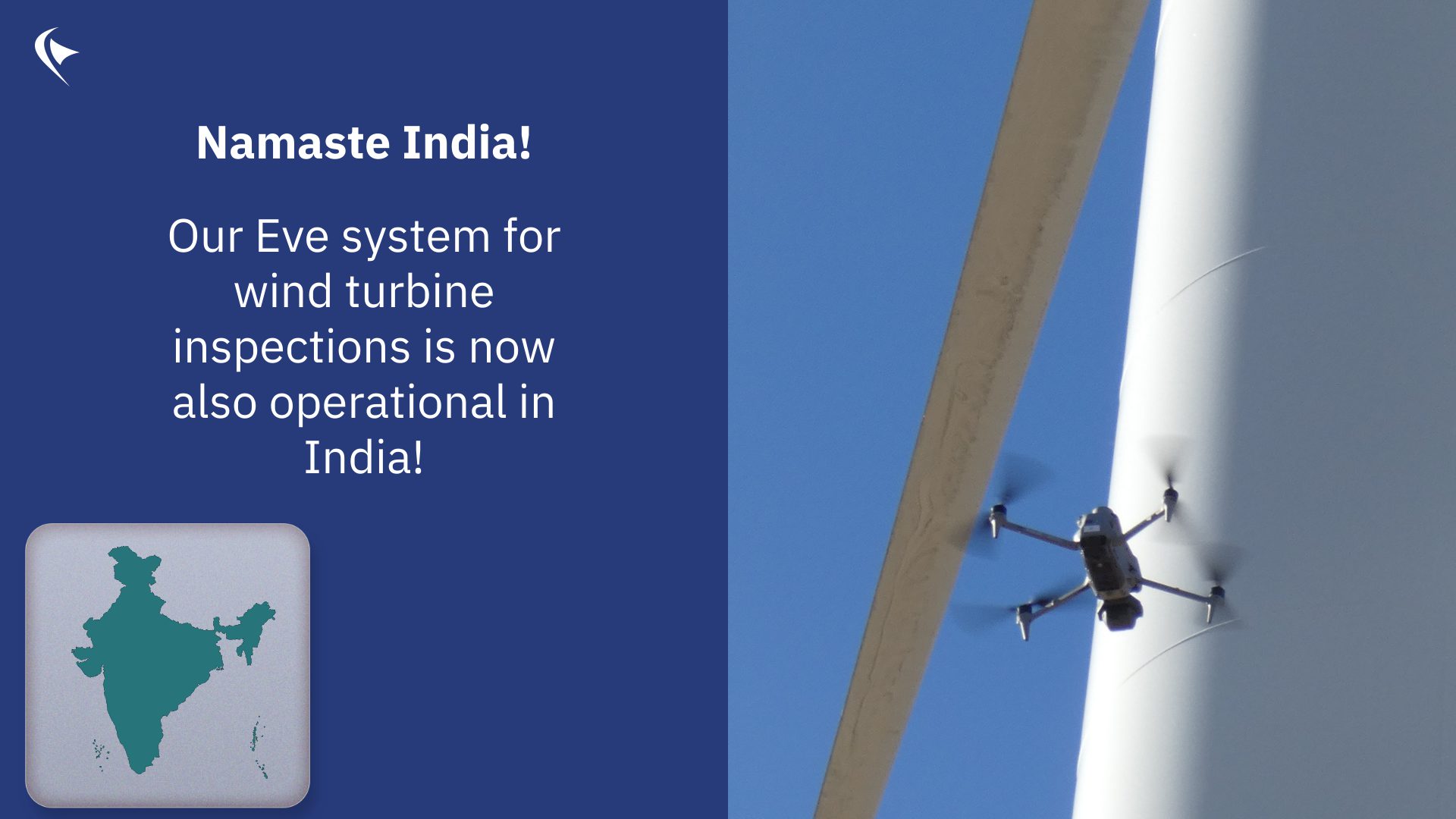 Eve Dhalion system in India with a text mentioning that and half of the image being an Eve drone inspecting a wind turbine blade