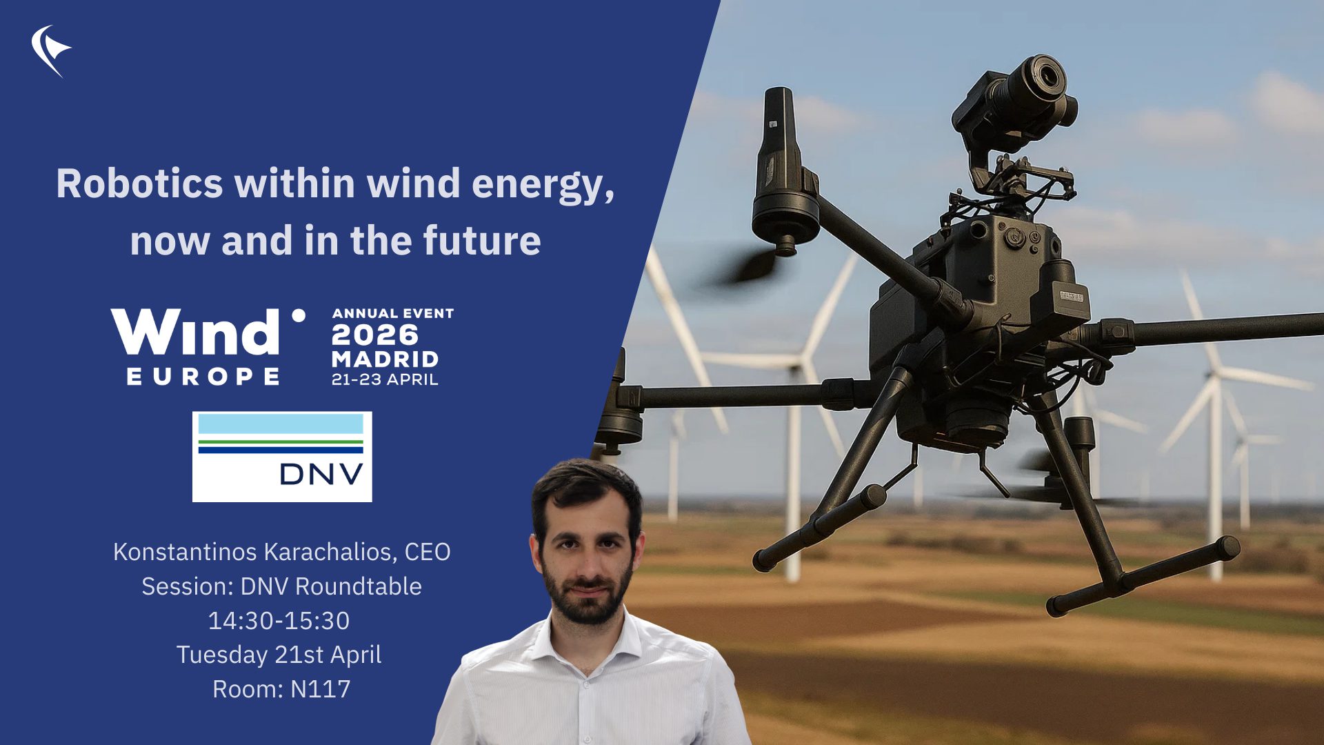 Image shows text,a drone and Kostas the CEO of Perceptual RObotics,announcing his participation in DNV Panel on Robotics in WindEurope 2026