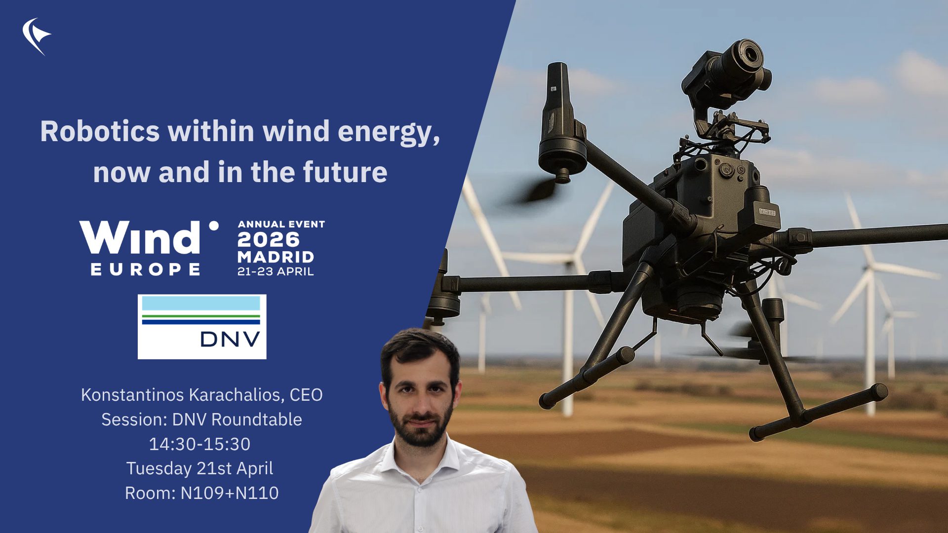 dhalion dron inspection system in a windfarm advertaising the DNV panel in Windeurope2026 where the CEO will participate