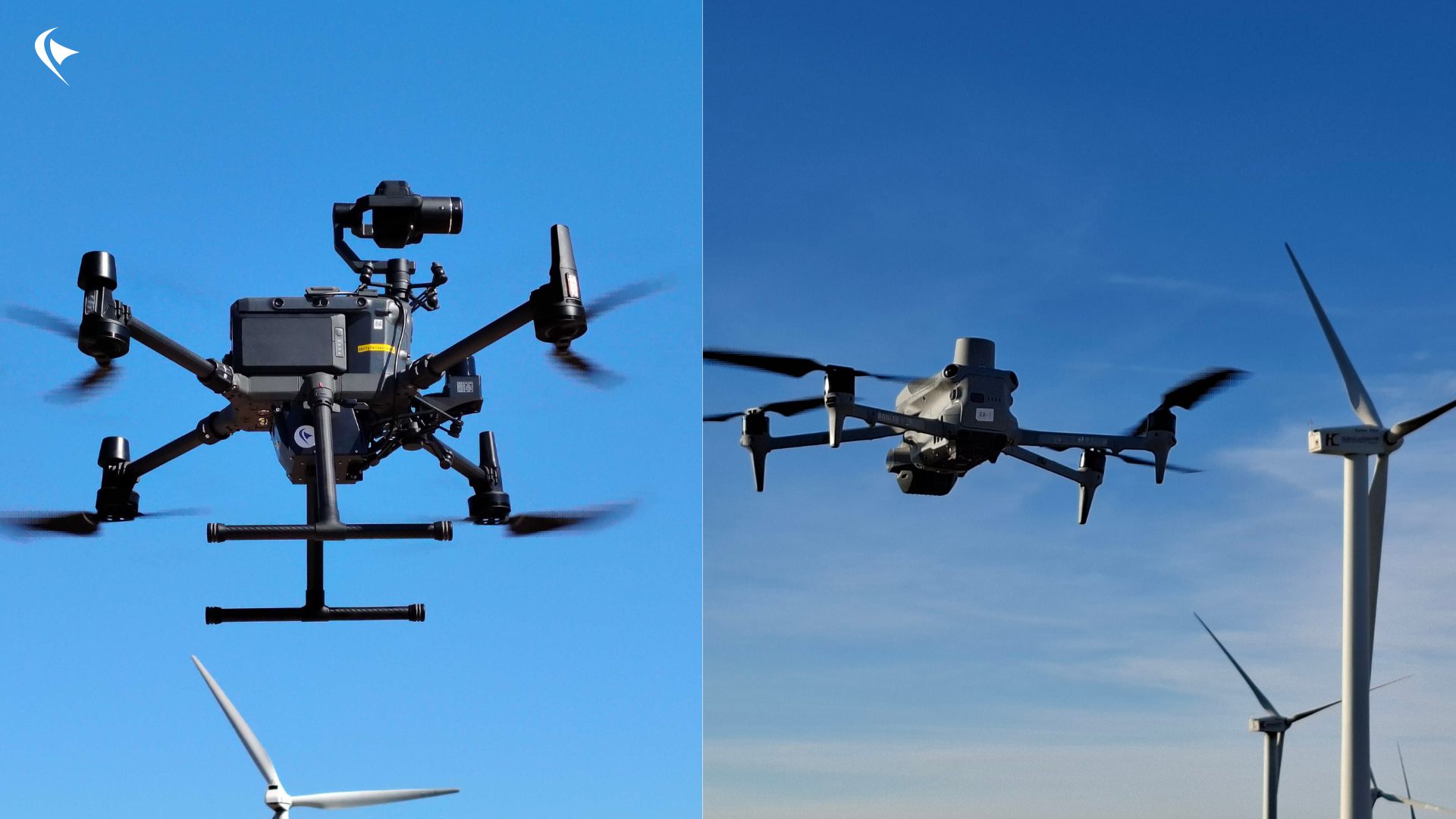 One Dot Dhalion Drone system on the left with a wind turbine in the back and one Dhalion Eve Drone system on the right with a wind farm on the back