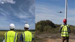 Two teams inspecting in parallel., on the left two people with white helmet and on the right one pilot with red helmet and an Eve Dahlion inspcetion system in a wind farm