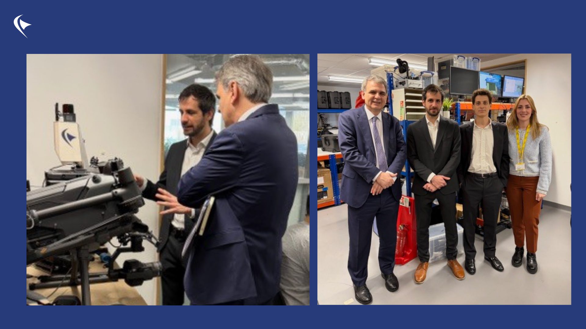 Two images of the Visit of Greek Ambassador to Perceptual Robotics, the one in the left shows a Dhalion Dot Drone for Wind turbine balde inspections