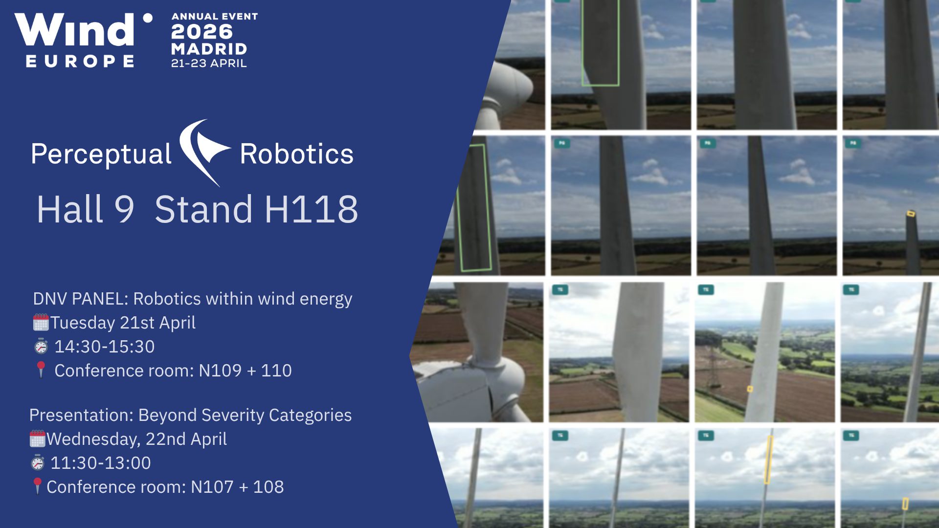 windeurope2026 Perceptual Robotics stand Hall9-H118 and conferences advert , illustrated with an image of many parts of blades with annotated damages thanks to Dhalion AI damage detection and classification system