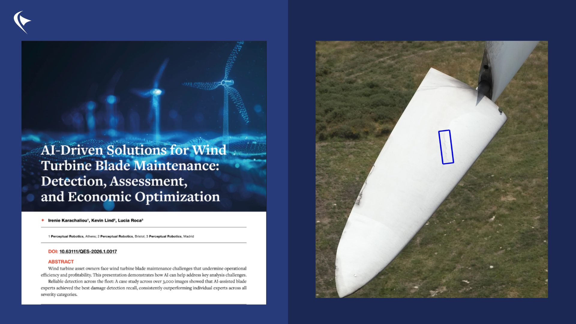 Split image showing a research article on AI-driven wind turbine blade maintenance alongside a drone-captured image of a turbine blade with a highlighted damage area.