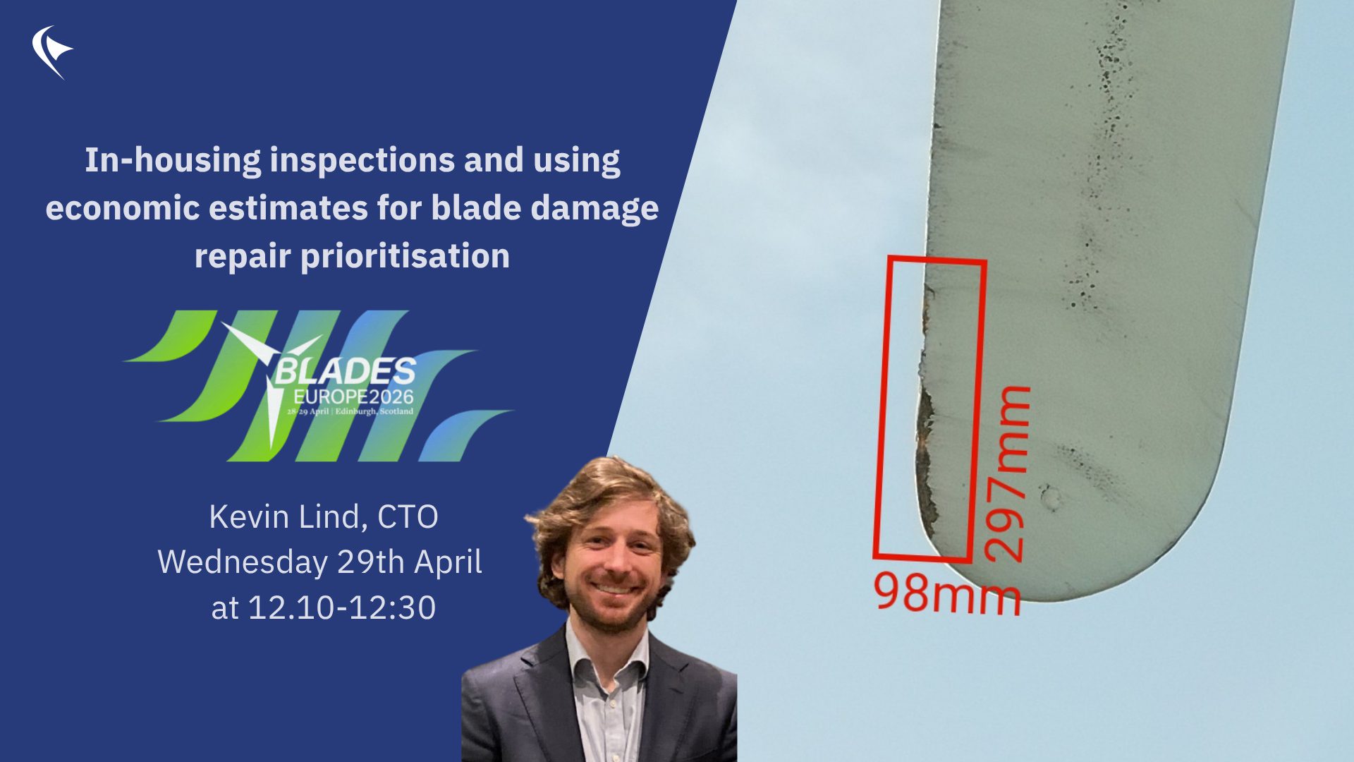 Event graphic for a wind turbine blade inspection talk, featuring a speaker and a blade damage close-up with measurements.