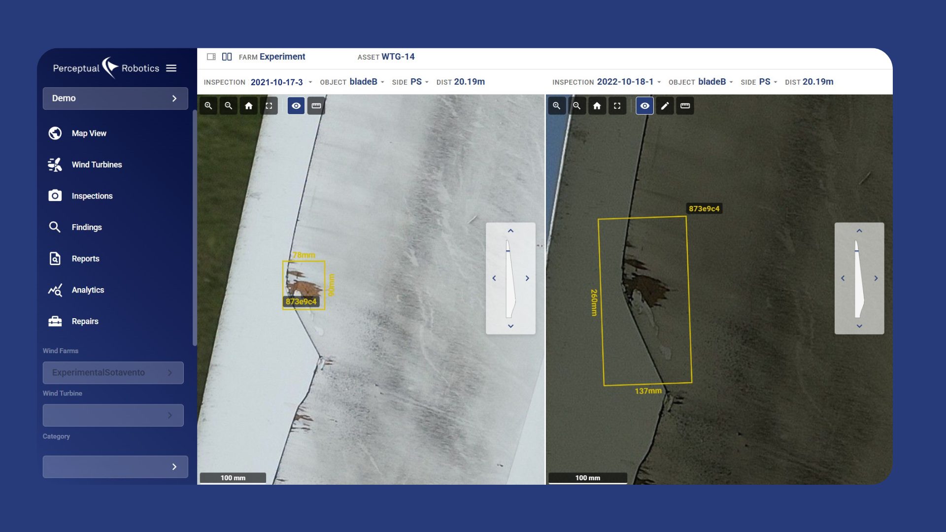 Side-by-side comparison view in the Perceptual Robotics inspection platform showing wind turbine blade damage (ID: 873e9c4) on blade B, pressure side, across two inspections — October 2021 (left) and October 2022 (right) — with annotated bounding boxes indicating defect growth from approximately 78×51mm to 137×260mm.