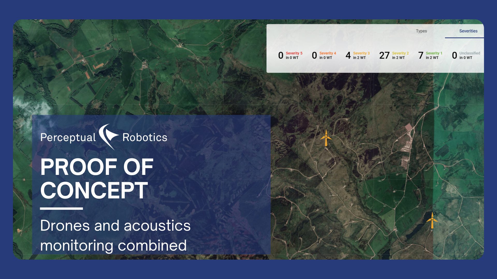 Perceptual Robotics proof of concept presentation slide showing a satellite view of a wind farm with highlighted wind turbines and a dashboard displaying damage severity statistics. The slide includes the Perceptual Robotics logo and the title “Proof of Concept – Drones and acoustics monitoring combined.”