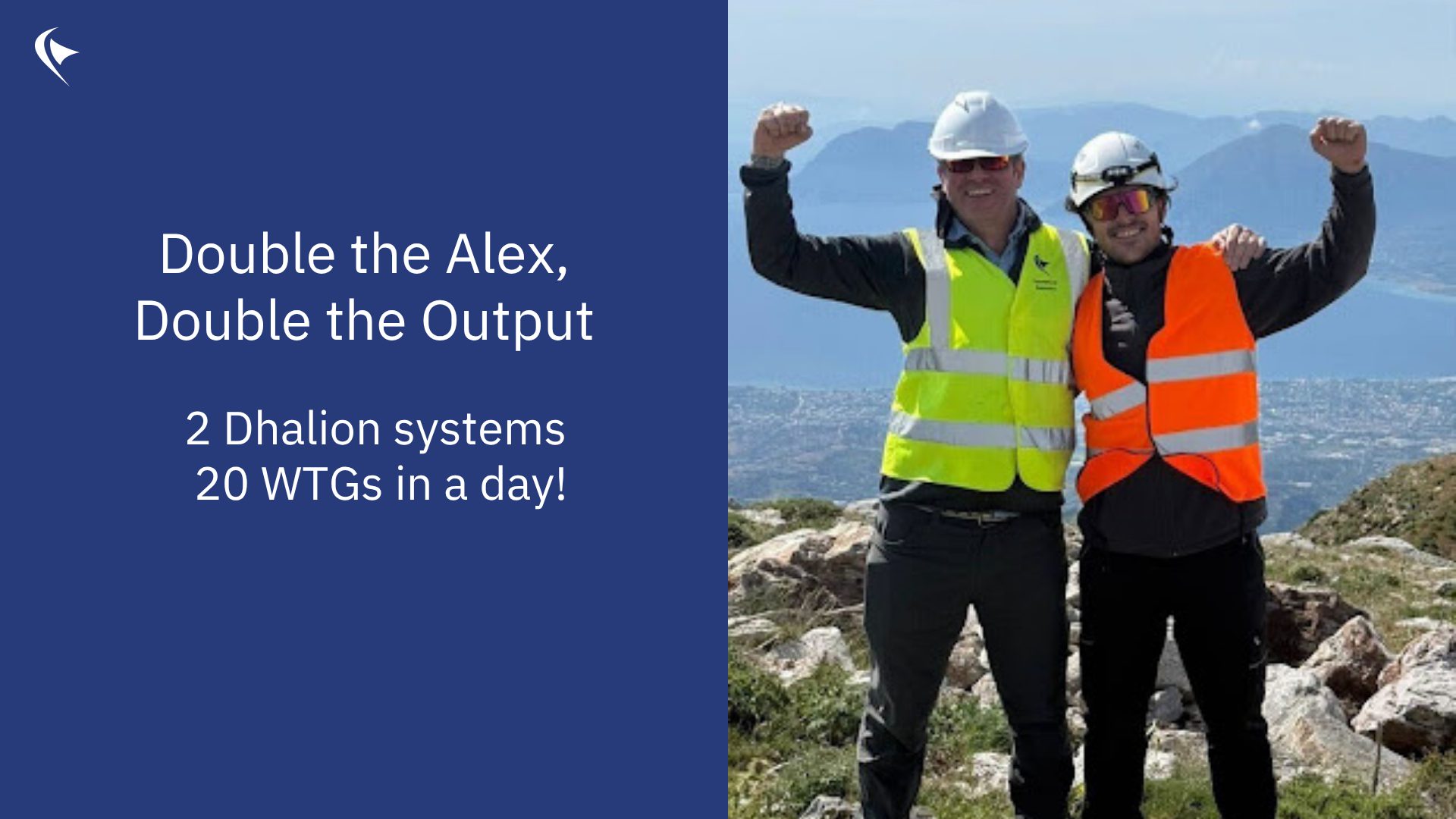 Two wind energy technicians in hard hats and high-visibility vests celebrating with arms raised on a hilltop, with a coastal landscape in the background. Text reads: