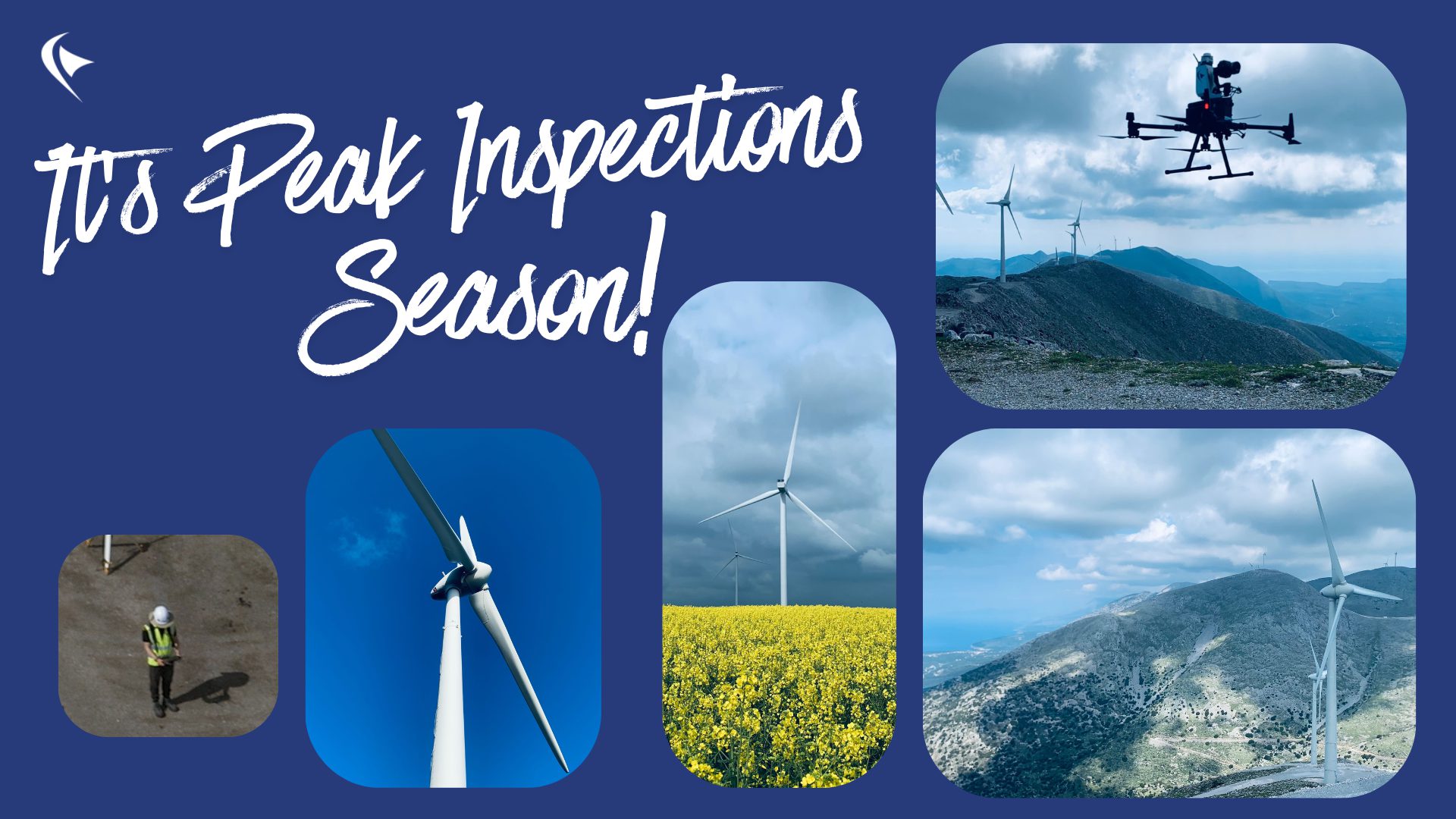 Image for peak wind turbine inspection season featuring drone, wind turbines in a yellow flower field, mountainous wind farm, and a worker in safety gear