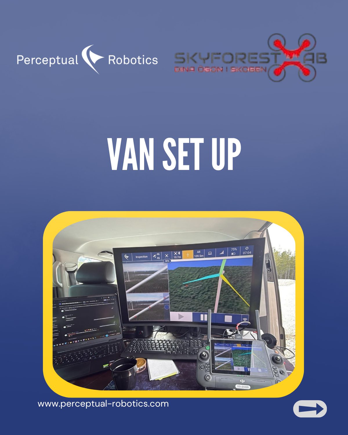 image shows the logo for perceptual robotics and skyforest and an image of their van accompanied by the text