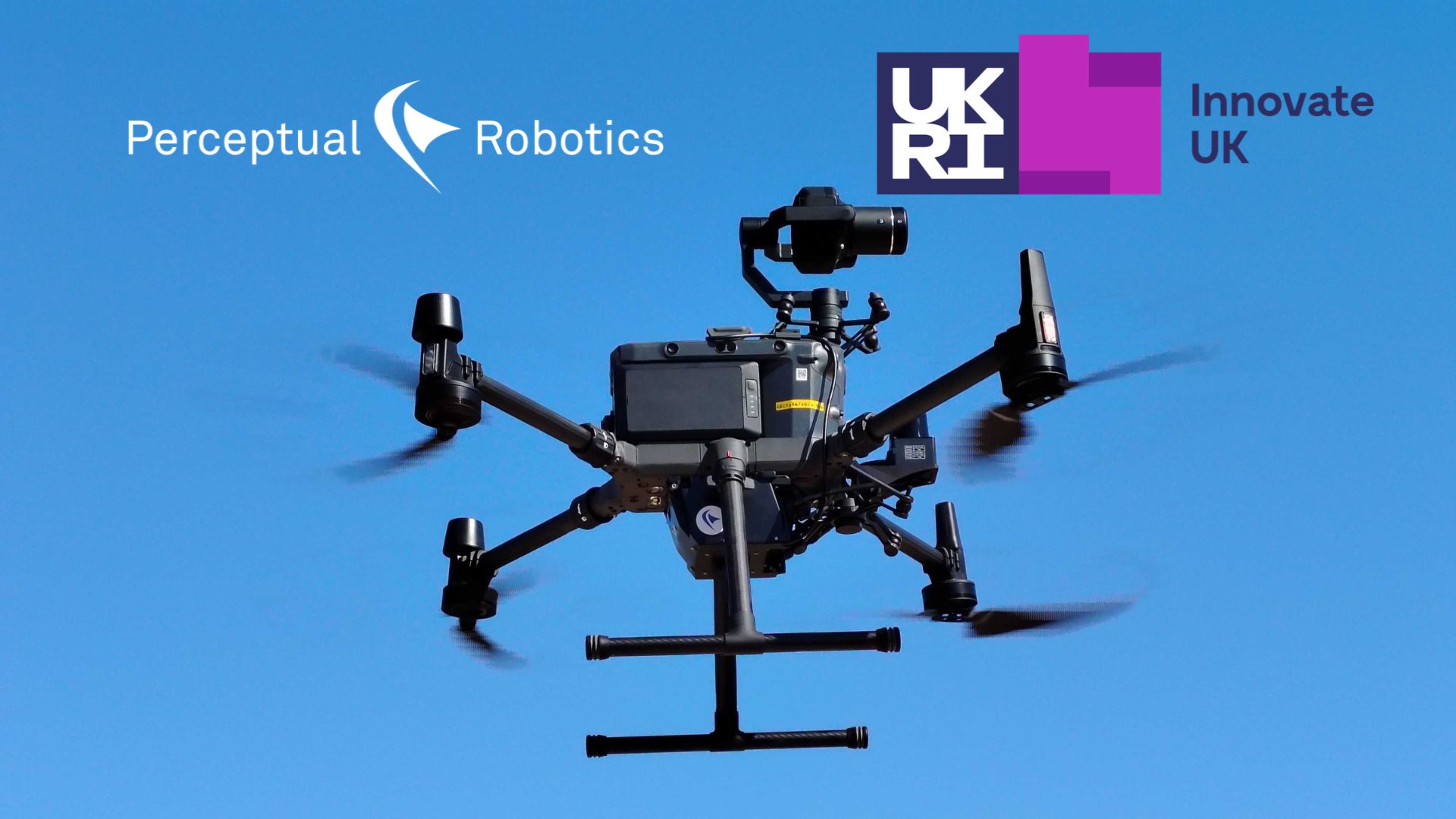 Image shows Dhalion System in the air with Perceptual Robotics and Innovate UK logos