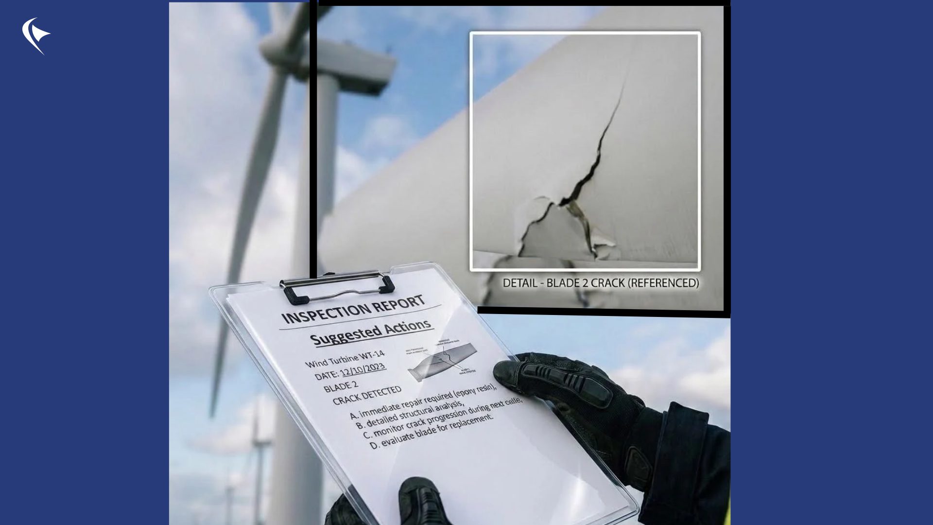 Image shows a wind turbine and an elarged image of a blade damage with a report including details of the failure.