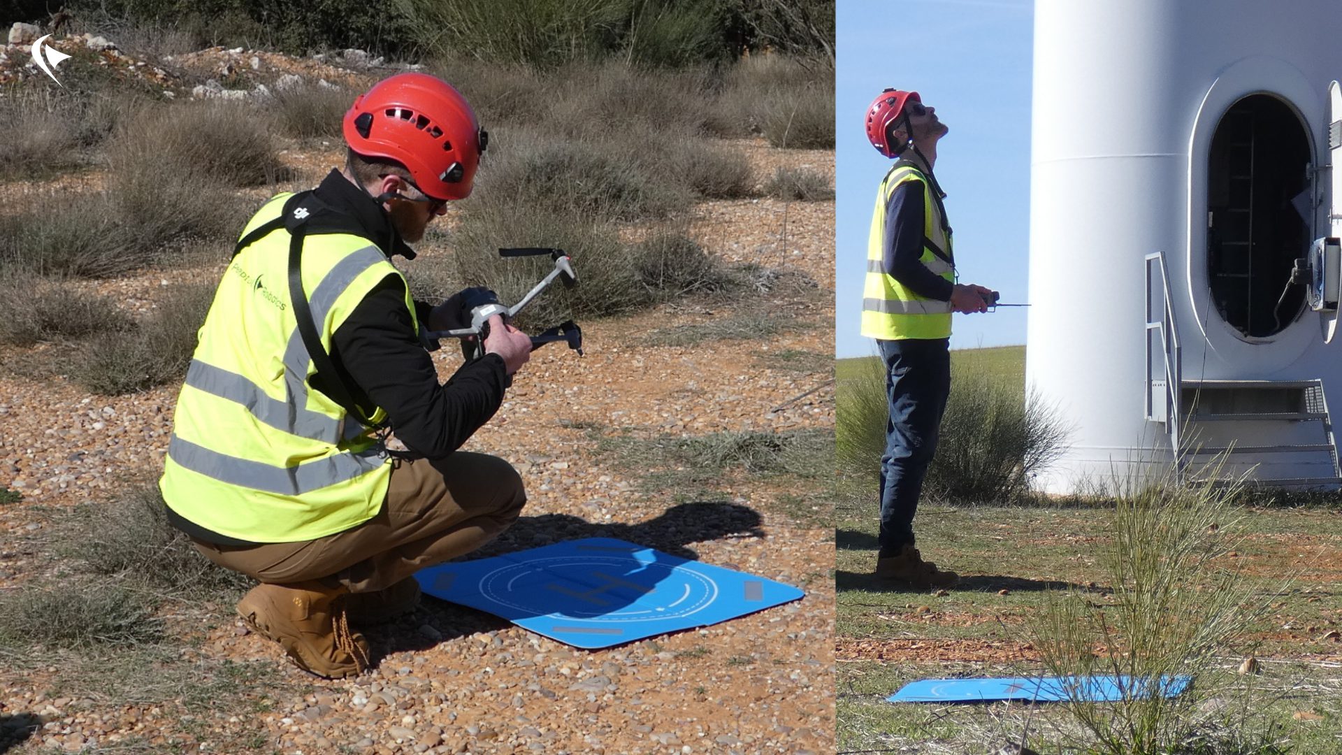 Operator holding the Dhalion drone in a field before an autonomous wind turbine blade inspection.